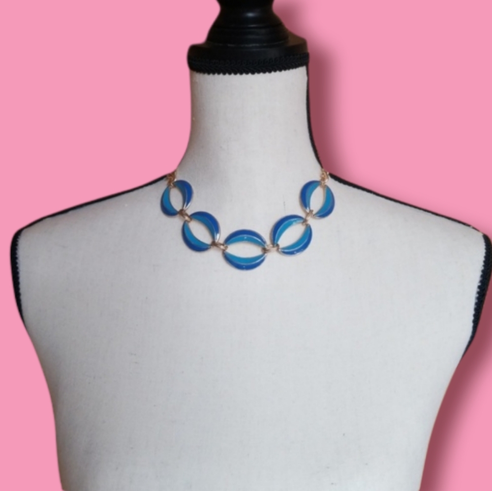 Vintage Mid Century Blue Enamel Goldtone Trim Statement Necklace - Picture 6 of 13